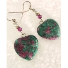 603  Boucles d'oreilles coeurs rubis, zoisite, argent sterling